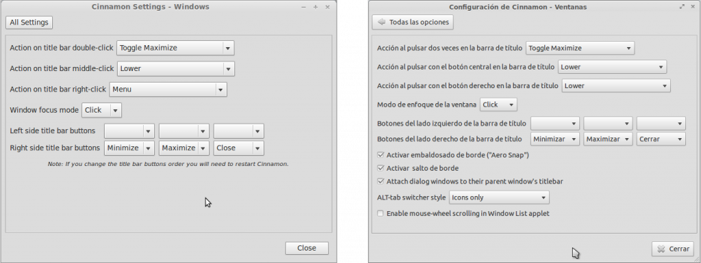 Comportamiento de ventanas en cinnamon